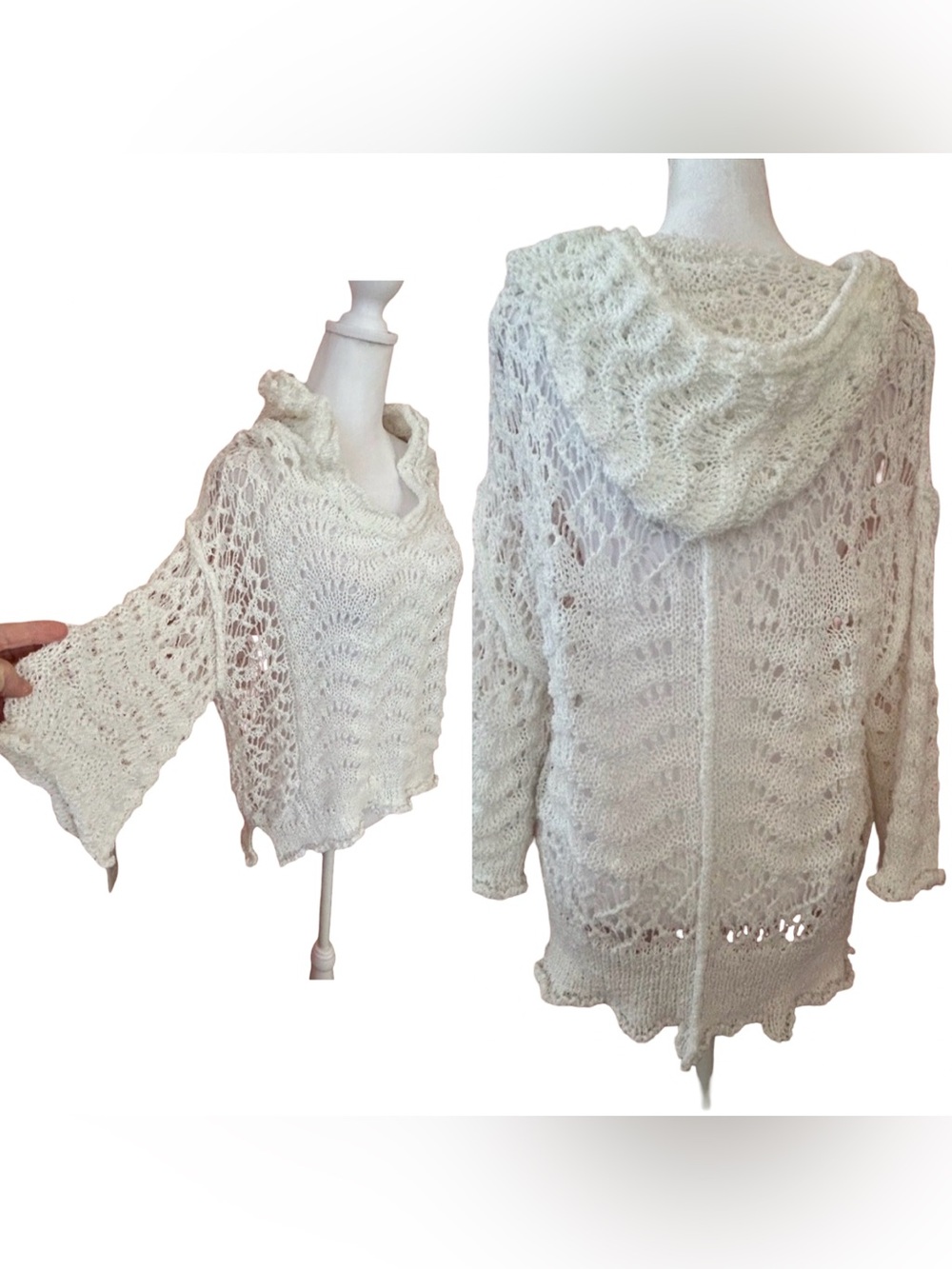 Boho Open knit Hooded Sweater White Crochet Bell Sleeve Slouchy Coastal NWT M